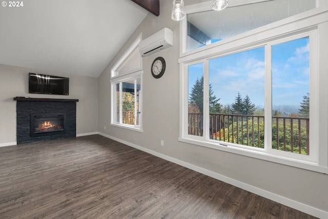 unfurnished living room featuring dark wood-type flooring, a wall mounted AC, and vaulted ceiling with beams