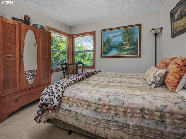 carpeted bedroom with a textured ceiling