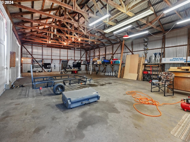 garage with a workshop area