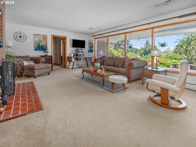 living room with carpet, a textured ceiling, and a wood stove