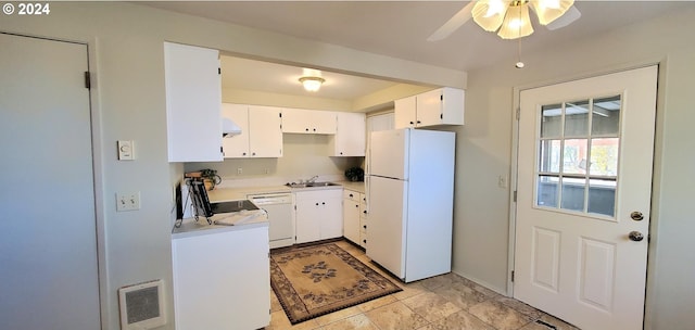 kitchen featuring white appliances, sink, ceiling fan, white cabinets, and range hood