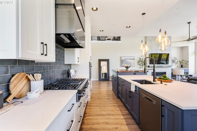 kitchen with appliances with stainless steel finishes, blue cabinetry, white cabinetry, and range hood