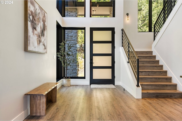 entrance foyer featuring light hardwood / wood-style floors and a towering ceiling