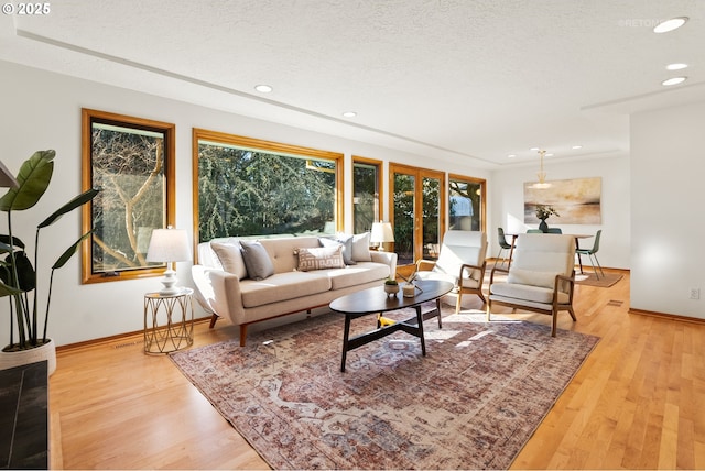 living room with plenty of natural light, light hardwood / wood-style floors, and a textured ceiling