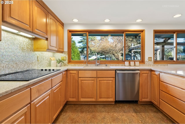 kitchen with black electric cooktop, dishwasher, sink, and light stone countertops