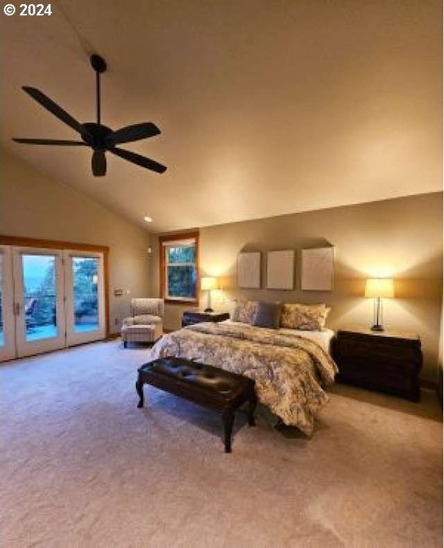 bedroom featuring high vaulted ceiling, carpet, ceiling fan, and access to exterior