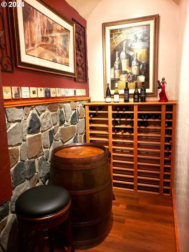 wine area with lofted ceiling and dark hardwood / wood-style floors