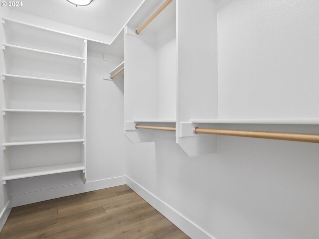 walk in closet with dark hardwood / wood-style floors