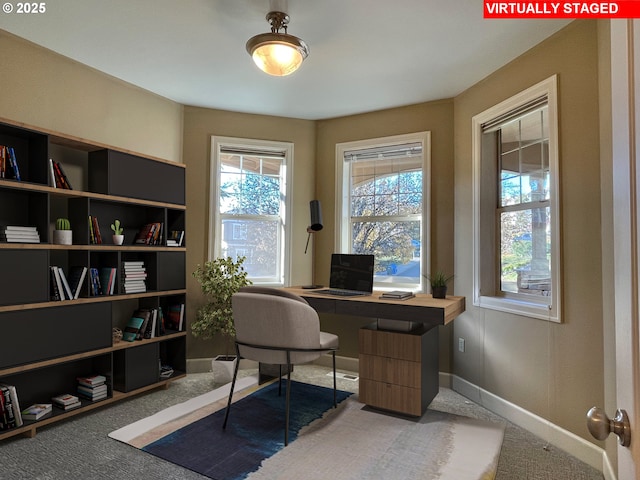 view of carpeted home office