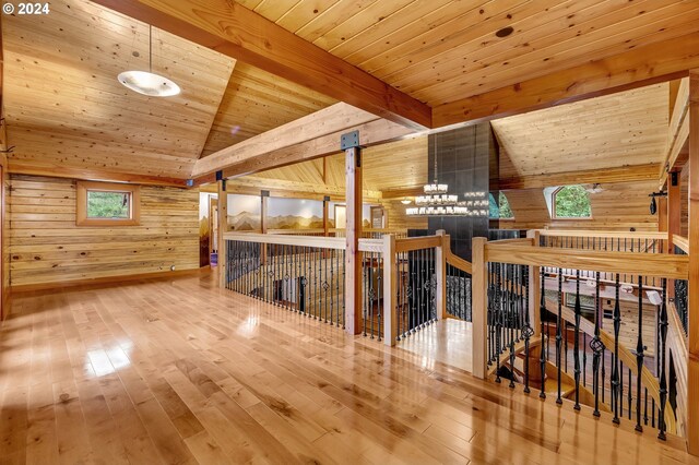 interior space featuring wood walls, lofted ceiling with beams, wooden ceiling, an inviting chandelier, and hardwood / wood-style floors