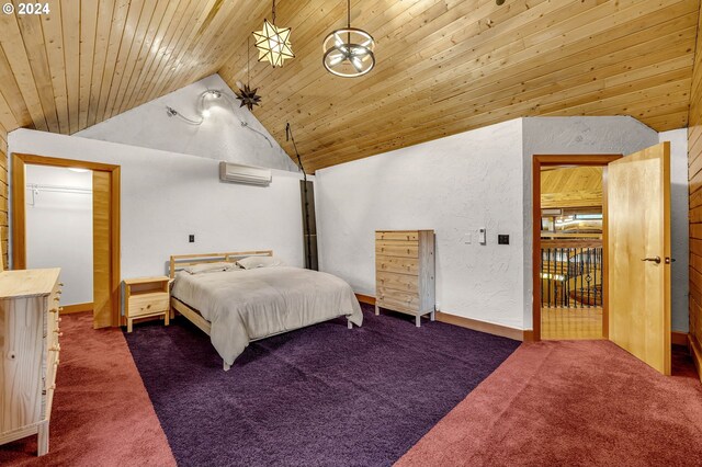 bedroom featuring lofted ceiling, dark colored carpet, wood ceiling, and a wall unit AC