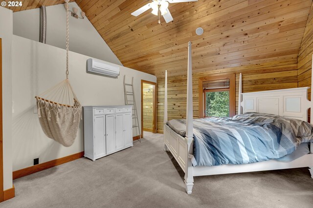 bedroom with wooden walls, ceiling fan, wood ceiling, an AC wall unit, and light carpet