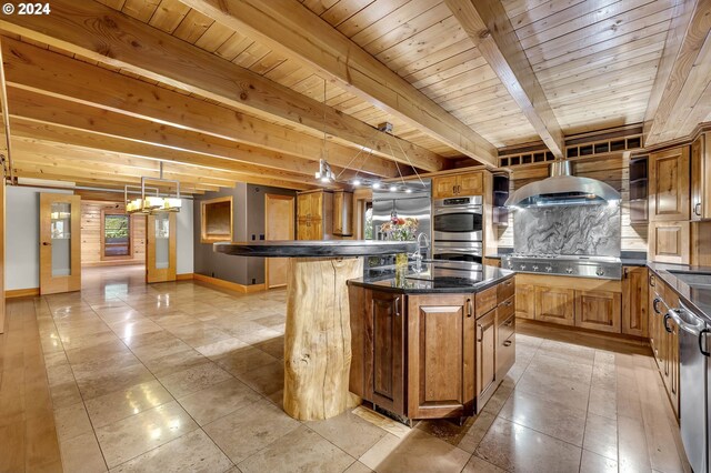 kitchen with pendant lighting, an island with sink, wooden ceiling, and wall chimney exhaust hood