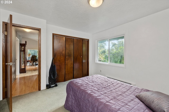 bedroom featuring baseboard heating, a textured ceiling, carpet flooring, and a closet