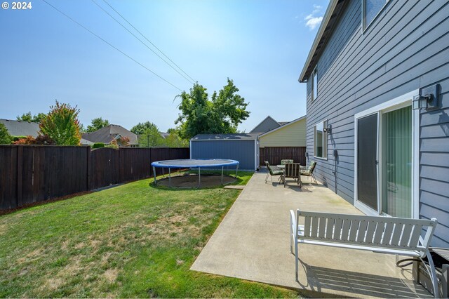 view of yard with a patio, a shed, and a trampoline