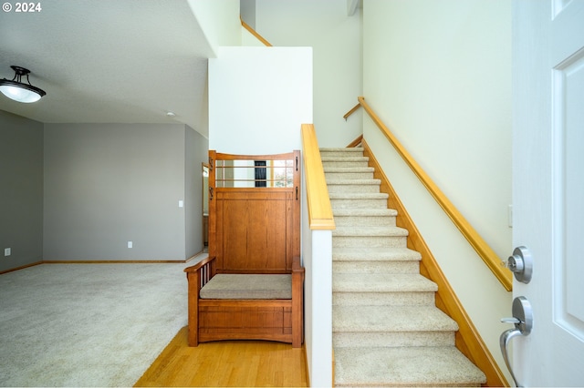 stairs featuring carpet flooring