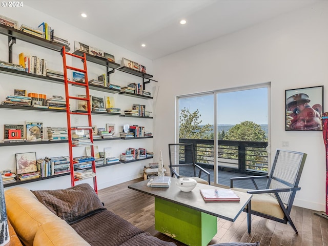 home office featuring recessed lighting, wood finished floors, and baseboards