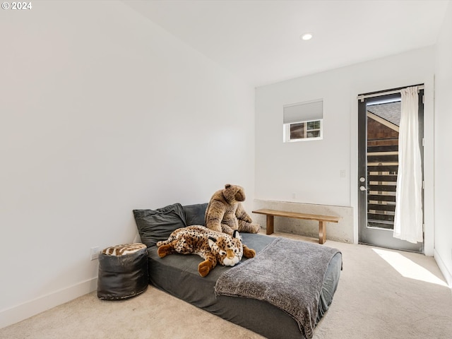 carpeted bedroom with recessed lighting, baseboards, and access to outside