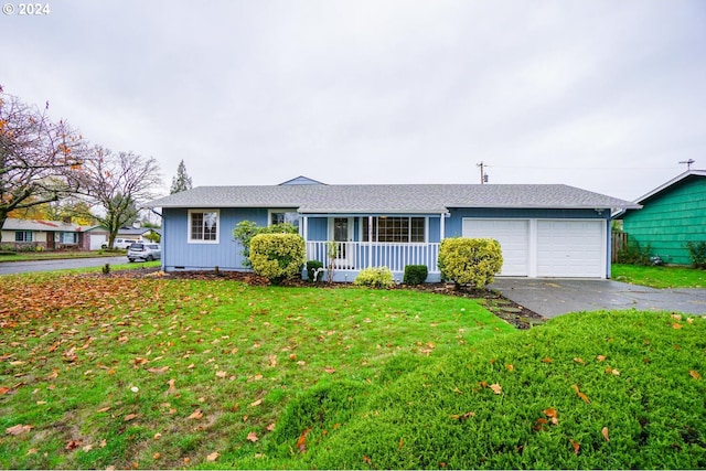 ranch-style home with a porch, a front lawn, and a garage