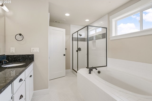 full bath featuring a shower stall, vanity, a bath, and visible vents