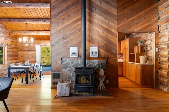 96 Mount Adams Rd, Trout Lake, WA 98650 - living area featuring log walls, a wood stove, a wood ceiling with exposed beams, a chandelier, and light wood finished floors