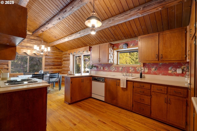 96 Mount Adams Rd, Trout Lake, WA 98650 - kitchen featuring rustic walls, dishwasher, wood ceiling, light wood finished floors, and a peninsula