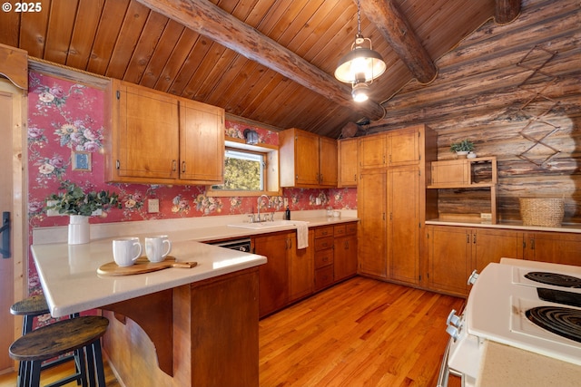 96 Mount Adams Rd, Trout Lake, WA 98650 - kitchen featuring wood ceiling, stove, light wood-style flooring, light countertops, and a peninsula