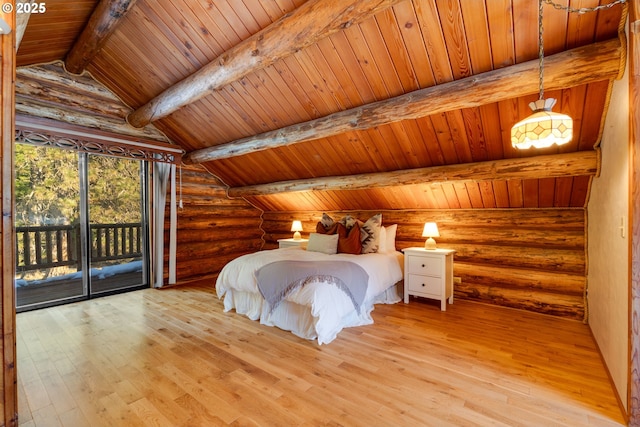 bedroom featuring access to outside, lofted ceiling with beams, rustic walls, light hardwood / wood-style flooring, and wood ceiling