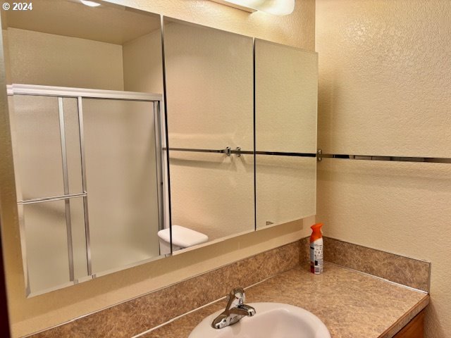 bathroom with sink and a shower with shower door