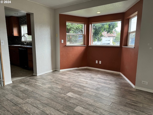 unfurnished room with a textured ceiling, sink, and light hardwood / wood-style flooring