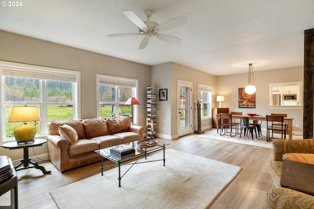 living room featuring light wood-type flooring, plenty of natural light, and ceiling fan