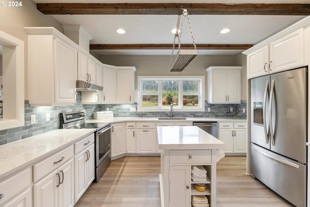 kitchen featuring decorative backsplash, white cabinets, stainless steel appliances, sink, and beamed ceiling