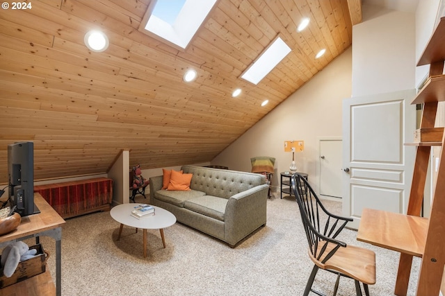 carpeted living room featuring wood ceiling, high vaulted ceiling, and a skylight