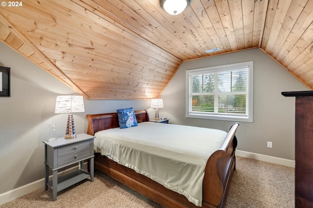 bedroom featuring light carpet, wooden ceiling, and vaulted ceiling