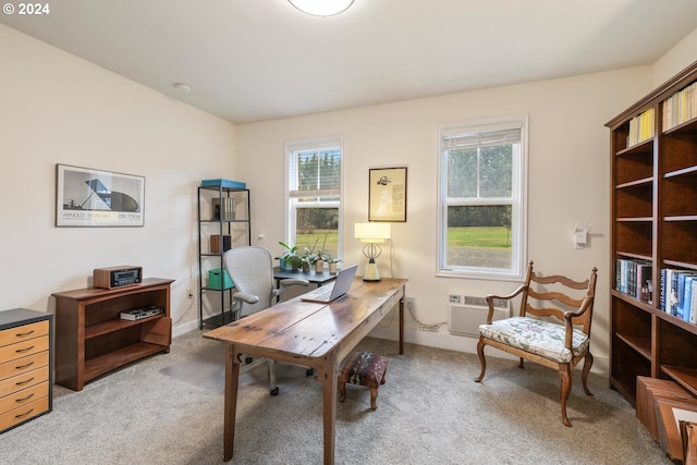 carpeted home office featuring an AC wall unit