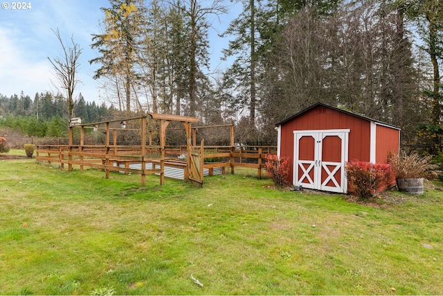 view of yard with a storage shed