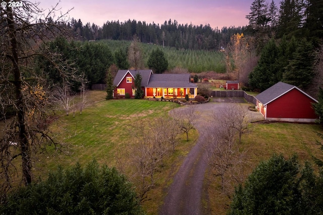 view of aerial view at dusk