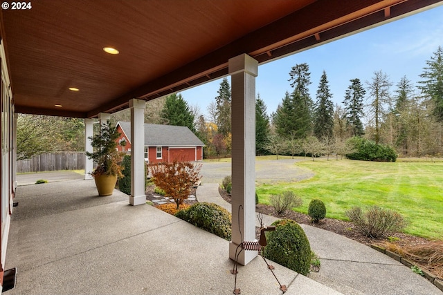 view of patio / terrace featuring an outdoor structure