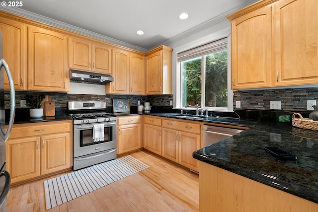 2834 SE Franklin St, Portland, OR 97202 - kitchen with stainless steel appliances, ventilation hood, light brown cabinets, ornamental molding, and recessed lighting