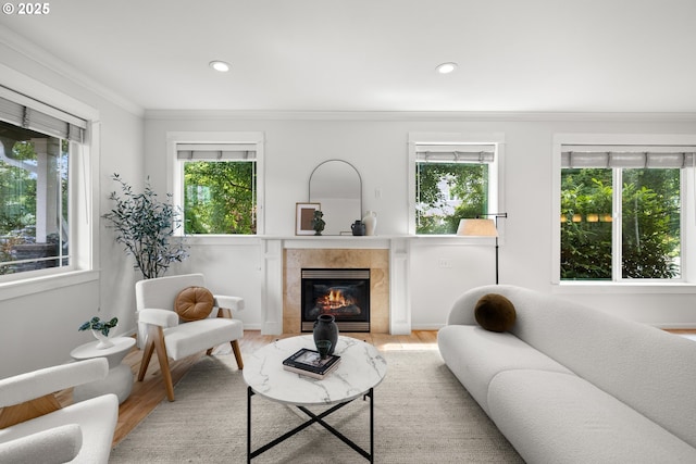 2834 SE Franklin St, Portland, OR 97202 - living area with crown molding, a fireplace, light wood-style floors, and recessed lighting