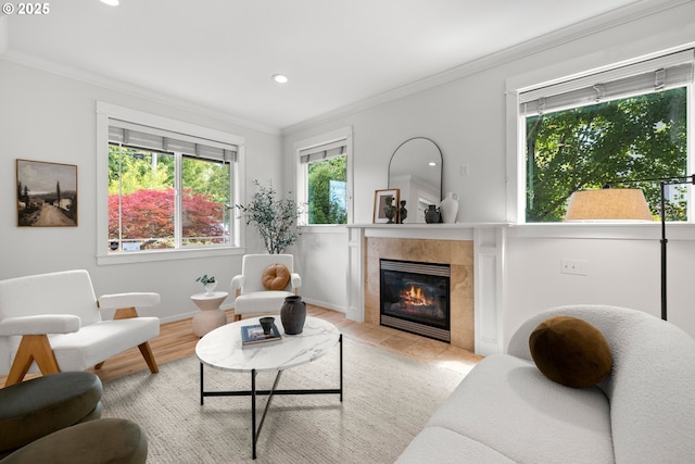 2834 SE Franklin St, Portland, OR 97202 - living room featuring plenty of natural light, a fireplace, crown molding, and recessed lighting