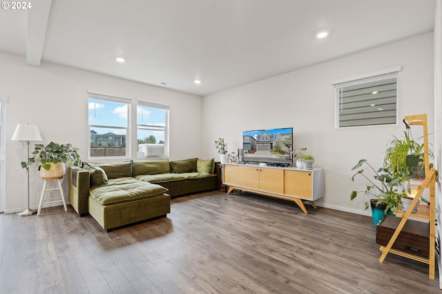 living room with wood-type flooring and beam ceiling