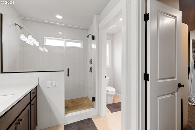 bathroom with vanity, a shower with shower door, and toilet