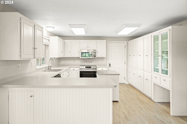 kitchen featuring sink, stainless steel appliances, kitchen peninsula, and white cabinets