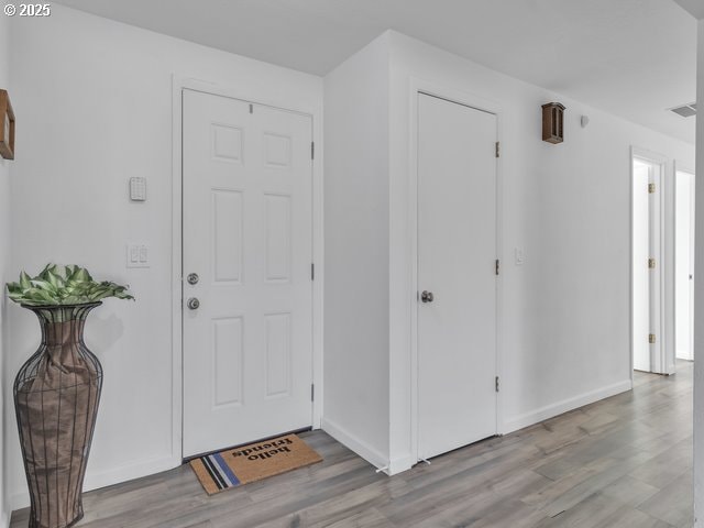 foyer entrance with light hardwood / wood-style flooring