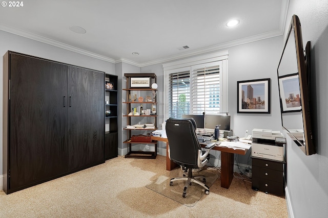 office space featuring light colored carpet and ornamental molding