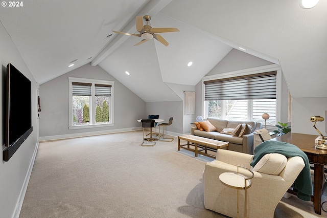 living room featuring vaulted ceiling with beams, ceiling fan, light colored carpet, and plenty of natural light