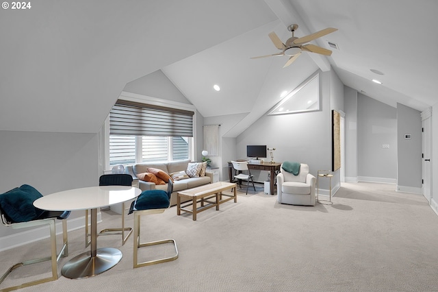 living room featuring light carpet, lofted ceiling, and ceiling fan