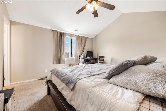 bedroom featuring ceiling fan, carpet floors, and lofted ceiling