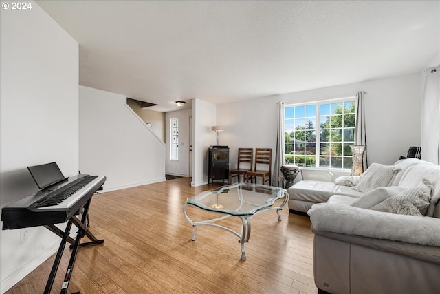 living room featuring a wealth of natural light and light hardwood / wood-style floors